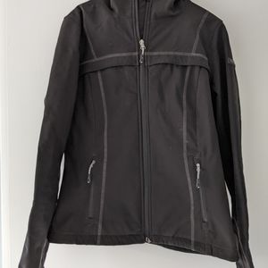 Black, hooded water resistant jacket